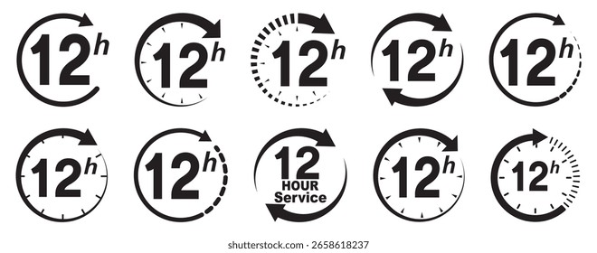 Conjunto de Vector de icono de servicio de 12 horas. Signo de duración del servicio de 12 horas. Iconos de flecha de reloj de 12 horas, símbolos de tiempo de trabajo y entrega.  Asistencia de 12hr signo de colección. horas flecha del reloj sobre fondo blanco.
