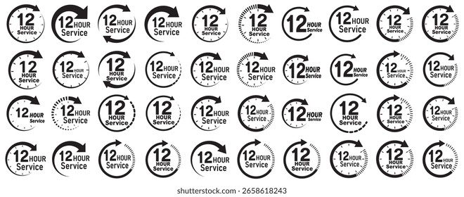 12 hours service icon vector set. 12 hours service duration sign. 12 hours clock arrow icons, work and delivery time symbols.  12hr support sign collection. hours clock arrow on white background.