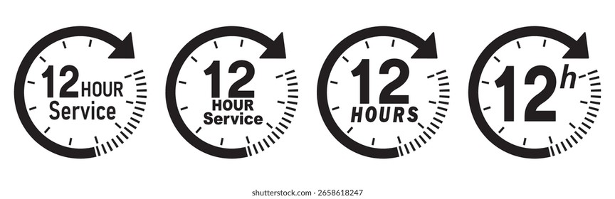 12 hours service icon vector set. 12 hours service duration sign. 12 hours clock arrow icons, work and delivery time symbols.  12hr support sign collection. hours clock arrow on white background.