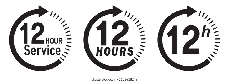 Conjunto de Vector de icono de servicio de 12 horas. Signo de duración del servicio de 12 horas. Iconos de flecha de reloj de 12 horas, símbolos de tiempo de trabajo y entrega.  Asistencia de 12hr signo de colección. horas flecha del reloj sobre fondo blanco.