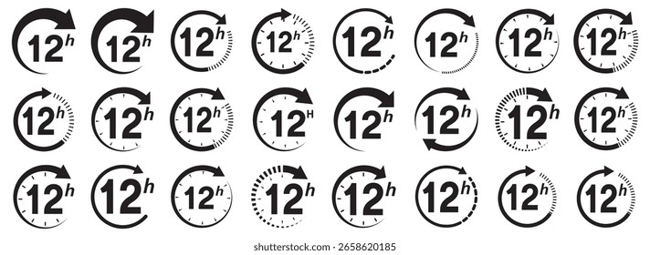 12 hours service icon vector set. 12h duration sign. 12 hours clock arrow icons, work and delivery time symbols.  12hr support sign collection. hours clock arrow on white background.