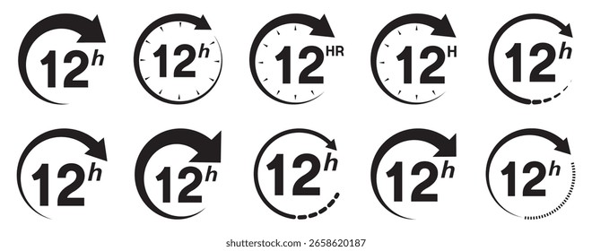 Conjunto de Vector de icono de servicio de 12 horas. Signo de duración de 12h. Iconos de flecha de reloj de 12 horas, símbolos de tiempo de trabajo y entrega.  Asistencia de 12hr signo de colección. horas flecha del reloj sobre fondo blanco.