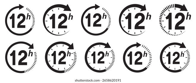 Conjunto de vetores de ícone de serviço de 12 horas. Sinal de duração de 12h. Ícones de seta de relógio de 12 horas, símbolos de horário de trabalho e de entrega.  12hr placa de suporte coleção. horas relógio seta no fundo branco.