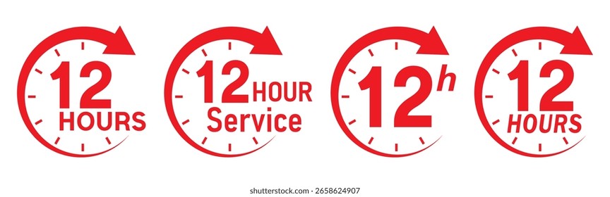 12 hours service icon vector set. Red 12h duration sign. Red 12 hours clock arrow icons, work and delivery time symbols. Red 12hr support sign collection. 12 hours icon vector set.