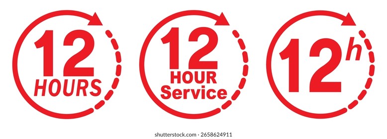 12 hours service icon vector set. Red 12h duration sign. Red 12 hours clock arrow icons, work and delivery time symbols. Red 12hr support sign collection. 12 hours icon vector set.