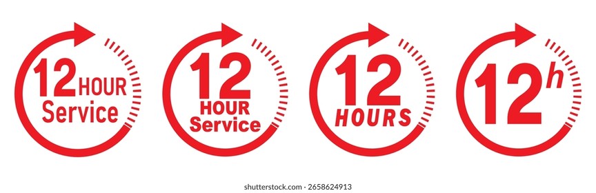 Conjunto de Vector de icono de servicio de 12 horas. Signo rojo de la duración 12h. Iconos rojos de la flecha del reloj de 12 horas, símbolos del trabajo y del tiempo de entrega. Colección roja de la señal de Asistencia 12hr. 12 horas icono de Vector conjunto.