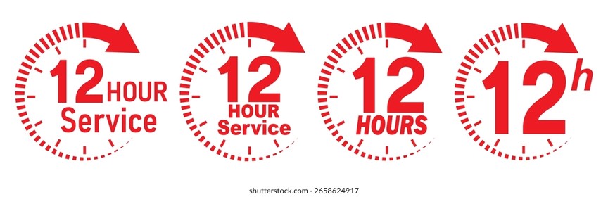 12 hours service icon vector set. Red 12h duration sign. Red 12 hours clock arrow icons, work and delivery time symbols. Red 12hr support sign collection. 12 hours icon vector set.