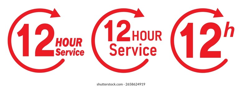 Conjunto de vetores de ícone de serviço de 12 horas. Sinal vermelho de duração de 12h. Ícones de seta vermelha do relógio de 12 horas, símbolos de tempo de trabalho e entrega. Coleção de sinais de suporte vermelho de 12 horas. Conjunto de vetor de ícone de 12 horas.