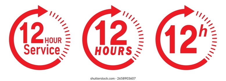 12 hours service icon vector set. Red 12h duration sign. Red 12 hours clock arrow icons, work and delivery time symbols. Red 12hr support sign collection. 