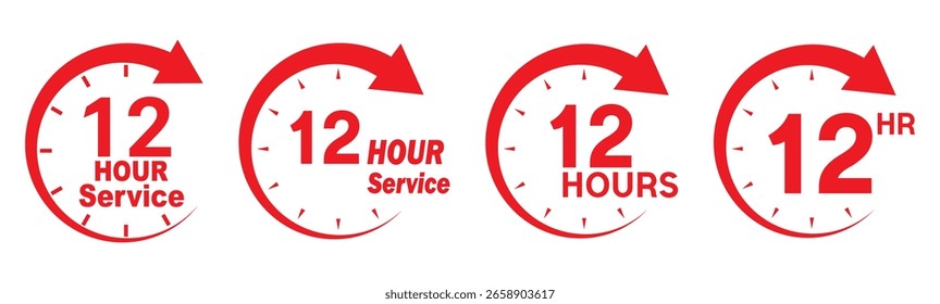 Conjunto de vetores de ícone de serviço de 12 horas. Sinal vermelho de duração de 12h. Ícones de seta vermelha do relógio de 12 horas, símbolos de tempo de trabalho e entrega. Coleção de sinais de suporte vermelho de 12 horas. 