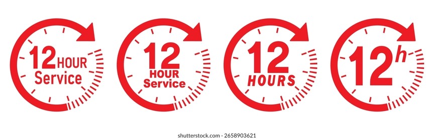 12 hours service icon vector set. Red 12h duration sign. Red 12 hours clock arrow icons, work and delivery time symbols. Red 12hr support sign collection. 