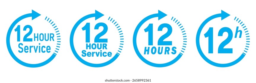 12 hours service icon vector set. Blue 12h duration sign. Blue 12 hours clock arrow icons, work and delivery time symbols. Blue 12hr support sign collection. 12 hours icon vector set.