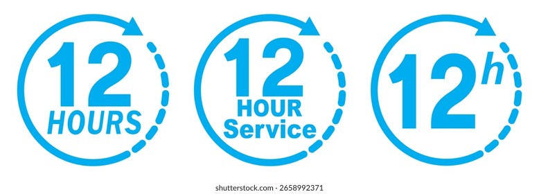 12 Stunden Service-Symbol, Vektorsatz. Blaues 12h-Dauerzeichen. Blaue 12-Stunden-Uhr-Pfeilsymbole, Arbeits- und Lieferzeit-Symbole. Blaue 12-Stunden-Unterstützungszeichensammlung. 12-Stunden-Symbol, Vektorsatz.
