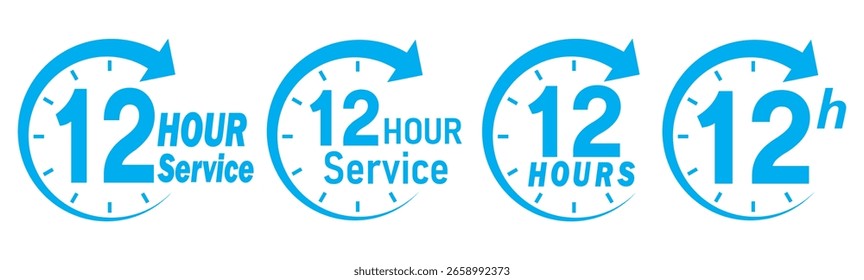 12 hours service icon vector set. Blue 12h duration sign. Blue 12 hours clock arrow icons, work and delivery time symbols. Blue 12hr support sign collection. 12 hours icon vector set.