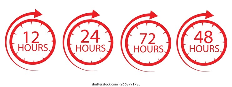 Conjunto de vetores de ícone de serviço de 12 horas. Sinal vermelho de duração de 12h. Ícones de seta vermelha do relógio de 12 horas, símbolos de tempo de trabalho e entrega. Coleção de sinais de suporte vermelho de 12 horas. 12 horas ícone vecto