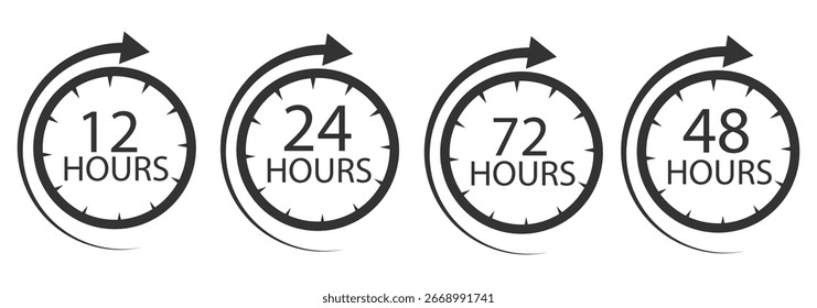 Conjunto de Vector de icono de servicio de 12 horas. Signo rojo de la duración 12h. Iconos rojos de la flecha del reloj de 12 horas, símbolos del trabajo y del tiempo de entrega. Colección roja de la señal de Asistencia 12hr. Icono de 12 horas vecto