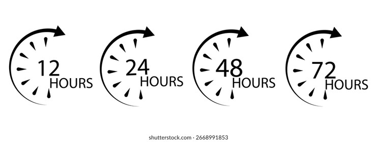 Conjunto de Vector de icono de servicio de 12 horas. Signo de duración del servicio de 12 horas. Vector Conjunto de etiquetas de hora. Iconos de flecha de reloj de 12 horas, símbolos de tiempo de trabajo y entrega. colección de signo de Asistencia de 12 horas