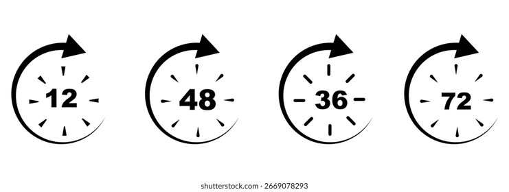 Conjunto de Vector de icono de servicio de 12 horas. Signo rojo de la duración 12h. Iconos rojos de la flecha del reloj de 12 horas, símbolos del trabajo y del tiempo de entrega. Colección roja de la señal de Asistencia 12hr. 12 horas icono de Vector conjunto