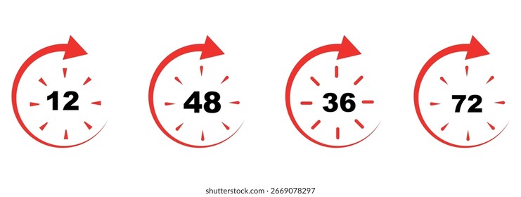 12 hours service icon vector set. Red 12h duration sign. Red 12 hours clock arrow icons, work and delivery time symbols. Red 12hr support sign collection. 12 hours icon vector set