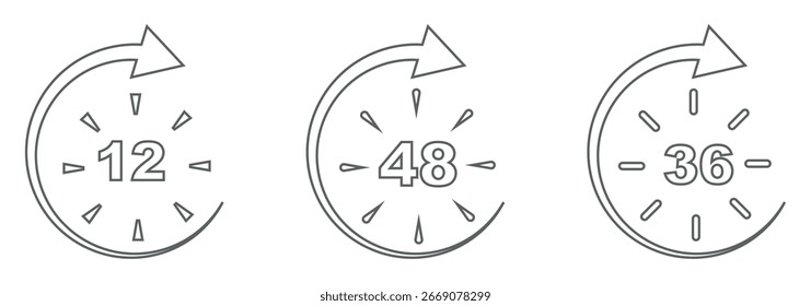 12 Stunden Service-Symbol, Vektorsatz. Rotes 12h-Dauerzeichen. Rote 12-Stunden-Uhr-Pfeilsymbole, Arbeits- und Lieferzeit-Symbole. Rote 12-Stunden-Unterstützungszeichensammlung. 12-Stunden-Symbol, Vektorsatz
