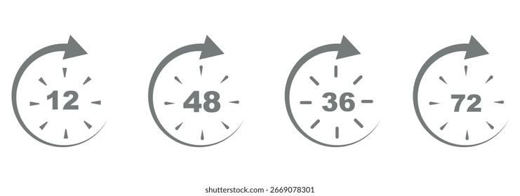 12 hours service icon vector set. Red 12h duration sign. Red 12 hours clock arrow icons, work and delivery time symbols. Red 12hr support sign collection. 12 hours icon vector set