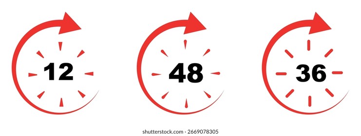 12 Stunden Service-Symbol, Vektorsatz. Rotes 12h-Dauerzeichen. Rote 12-Stunden-Uhr-Pfeilsymbole, Arbeits- und Lieferzeit-Symbole. Rote 12-Stunden-Unterstützungszeichensammlung. 12-Stunden-Symbol, Vektorsatz