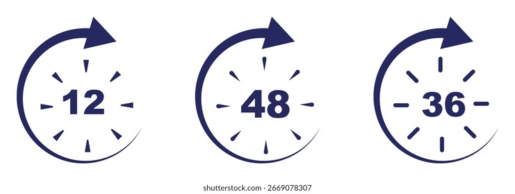 Conjunto de Vector de icono de servicio de 12 horas. Signo rojo de la duración 12h. Iconos rojos de la flecha del reloj de 12 horas, símbolos del trabajo y del tiempo de entrega. Colección roja de la señal de Asistencia 12hr. 12 horas icono de Vector conjunto