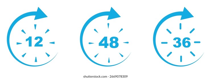12 Stunden Service-Symbol, Vektorsatz. Rotes 12h-Dauerzeichen. Rote 12-Stunden-Uhr-Pfeilsymbole, Arbeits- und Lieferzeit-Symbole. Rote 12-Stunden-Unterstützungszeichensammlung. 12-Stunden-Symbol, Vektorsatz