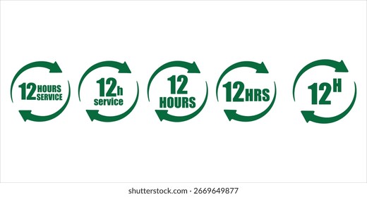 12 hours service icon vector set. 12 hours service duration sign. Vector Set of Hour Labels. 12 hours clock arrow icons, work and delivery time symbols. 12hr support sign collection.