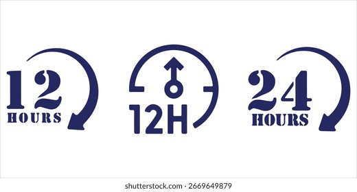 12 hours service icon vector set. 12 hours service duration sign. Vector Set of Hour Labels. 12 hours clock arrow icons, work and delivery time symbols. 12hr support sign collection.