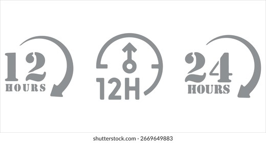 12 hours service icon vector set. 12 hours service duration sign. Vector Set of Hour Labels. 12 hours clock arrow icons, work and delivery time symbols. 12hr support sign collection.