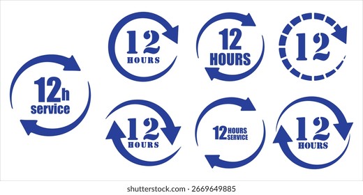 Conjunto de Vector de icono de servicio de 12 horas. Signo de duración del servicio de 12 horas. Vector Conjunto de etiquetas de hora. Iconos de flecha de reloj de 12 horas, símbolos de tiempo de trabajo y entrega. colección de signo de Asistencia de 12 horas.