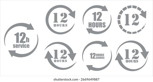 12 hours service icon vector set. 12 hours service duration sign. Vector Set of Hour Labels. 12 hours clock arrow icons, work and delivery time symbols. 12hr support sign collection.
