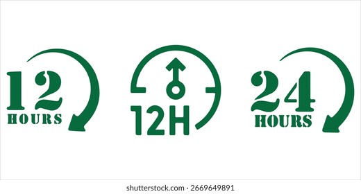12 hours service icon vector set. 12 hours service duration sign. Vector Set of Hour Labels. 12 hours clock arrow icons, work and delivery time symbols. 12hr support sign collection.