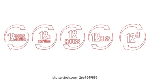 12 hours service icon vector set. 12 hours service duration sign. Vector Set of Hour Labels. 12 hours clock arrow icons, work and delivery time symbols. 12hr support sign collection.