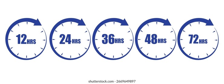 12 hours service icon vector set. 12 hours service duration sign. Vector Set of Hour Labels. 12 hours clock arrow icons, work and delivery time symbols. 12hr support sign collection.
