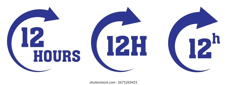 12 hours service icon vector set. 12 hours service duration sign. 12 hours clock arrow icons, work and delivery time symbols. 12 hours vector icons designs can be used for mobile, ui, web. eps 10