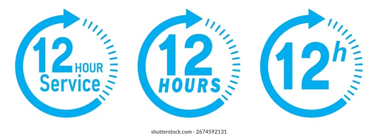 12 hours service icon vector set. Blue 12h duration sign. Blue 12 hours clock arrow icons,12 hr delivery time symbols. Blue 12hr support sign collection. 12 hours icon vector set. 12hr servic icon