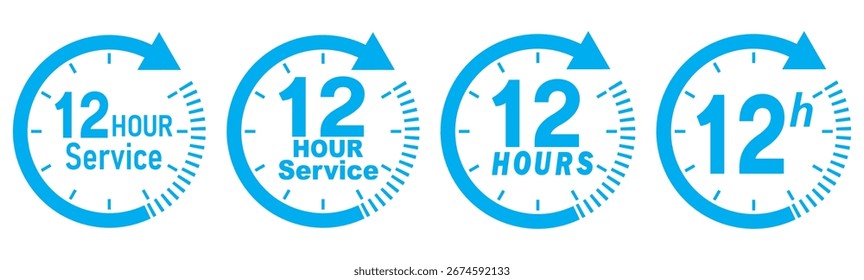 Conjunto de vetores de ícone de serviço de 12 horas. Sinal de duração 12h azul. Ícones de seta azul relógio de 12 horas, símbolos de tempo de entrega de 12 horas. Coleção de sinais de suporte azul de 12 horas. Conjunto de vetor de ícone de 12 horas. Ícone de serviço de 12 horas