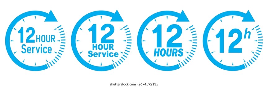 Conjunto de vetores de ícone de serviço de 12 horas. Sinal de duração 12h azul. Ícones de seta azul relógio de 12 horas, símbolos de tempo de entrega de 12 horas. Coleção de sinais de suporte azul de 12 horas. Conjunto de vetor de ícone de 12 horas. Ícone de serviço de 12 horas