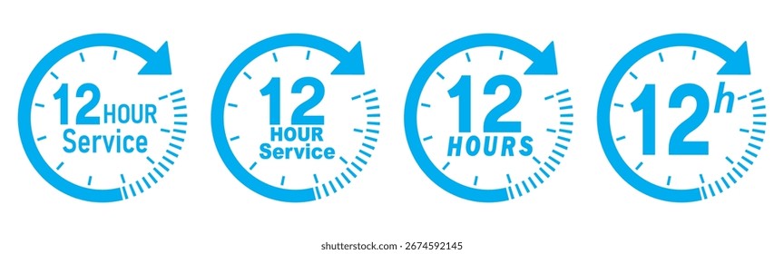12 hours service icon vector set. Blue 12h duration sign. Blue 12 hours clock arrow icons,12 hr delivery time symbols. Blue 12hr support sign collection. 12 hours icon vector set. 12hr servic icon