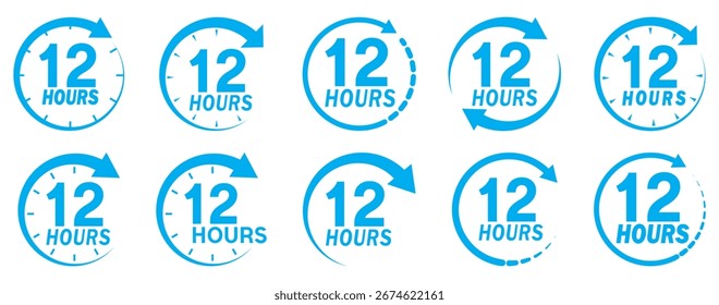 12 hours service icon vector set. Blue 12 hours clock arrow icons,12 hr delivery time symbols. Blue 12hr support sign collection. 12 hours symbol. 12hr servic icon. Shipping delivery symbol. 