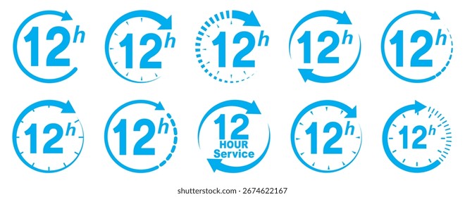 12 hours service icon vector set. Blue 12 hours clock arrow icons,12 hr delivery time symbols. Blue 12hr support sign collection. 12 hours symbol. 12hr servic icon. Shipping delivery symbol. 