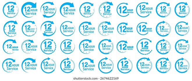 12 hours service icon vector set. Blue 12 hours clock arrow icons,12 hr delivery time symbols. Blue 12hr support sign collection. 12 hours symbol. 12hr servic icon. Shipping delivery symbol. 