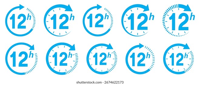 Conjunto de vetores de ícone de serviço de 12 horas. Ícones de seta azul relógio de 12 horas, símbolos de tempo de entrega de 12 horas. Coleção de sinais de suporte azul de 12 horas. símbolo de 12 horas. Ícone de serviço de 12 horas. Símbolo de entrega de remessa. 