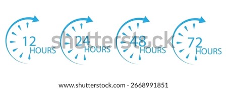 12 hours service icon vector set. 12 hours service duration sign. Vector Set of Hour Labels. 12 hours clock arrow icons, work and delivery time symbols. 12hr support sign collection