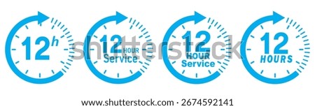 12 hours service icon vector set. Blue 12h duration sign. Blue 12 hours clock arrow icons,12 hr delivery time symbols. Blue 12hr support sign collection. 12 hours icon vector set. 12hr servic icon