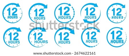 12 hours service icon vector set. Blue 12 hours clock arrow icons,12 hr delivery time symbols. Blue 12hr support sign collection. 12 hours symbol. 12hr servic icon. Shipping delivery symbol. 