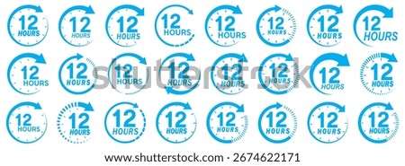 12 hours service icon vector set. Blue 12 hours clock arrow icons,12 hr delivery time symbols. Blue 12hr support sign collection. 12 hours symbol. 12hr servic icon. Shipping delivery symbol. 