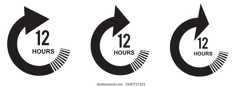 Símbolo de Vector de servicio de 12 horas. Signo de duración del servicio de 12h. Conjunto de iconos de oferta de descuento de 12 h. colección rápida de señal de Asistencia de 12 horas.